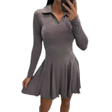 Solid Color Waist Tight Long Sleeve Lapel Dress