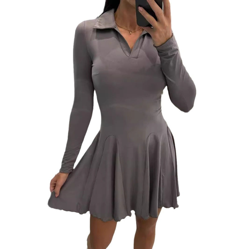 Solid Color Waist Tight Long Sleeve Lapel Dress