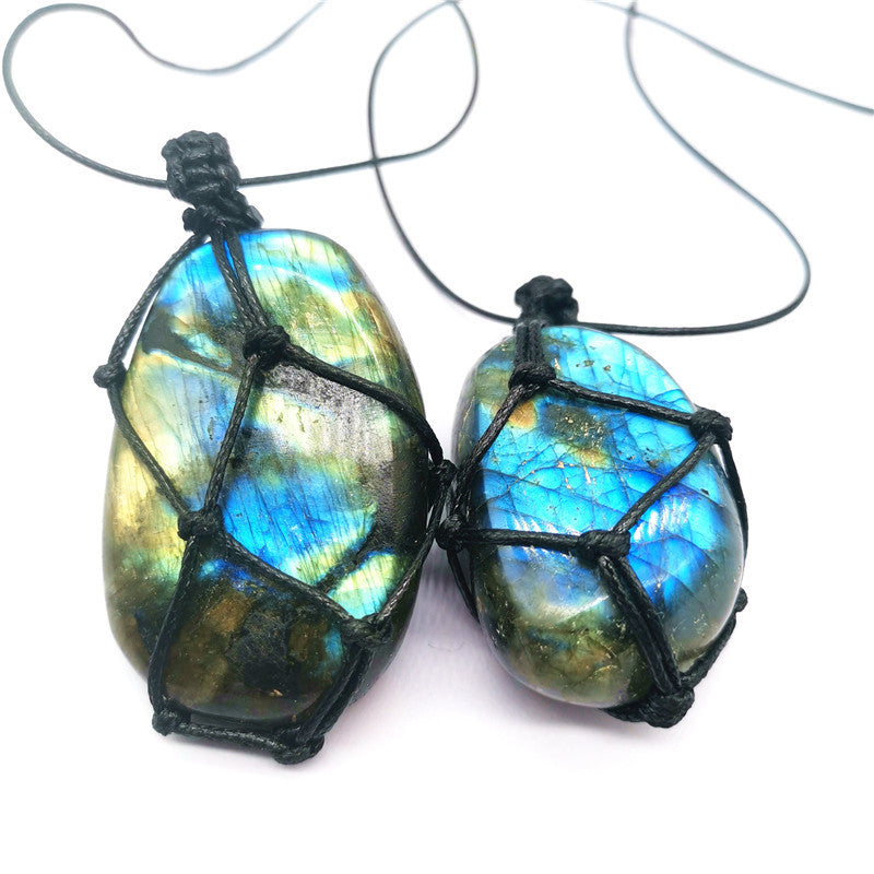 Natural Moonstone Labradorite Rough Stone Pendant Necklace Hand-woven Labradorite Net Bag Pendant - Things and what not