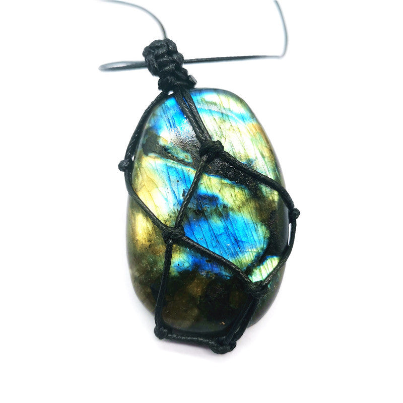 Natural Moonstone Labradorite Rough Stone Pendant Necklace Hand-woven Labradorite Net Bag Pendant - Things and what not