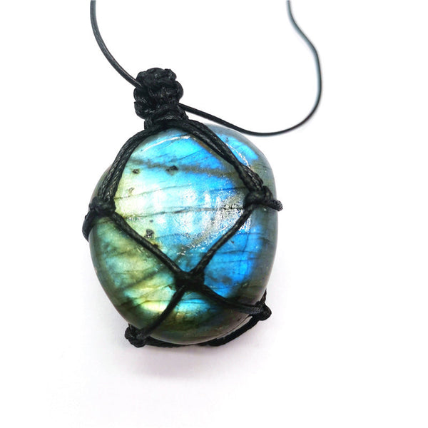 Natural Moonstone Labradorite Rough Stone Pendant Necklace Hand-woven Labradorite Net Bag Pendant - Things and what not