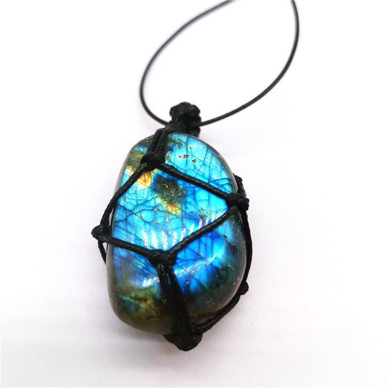 Natural Moonstone Labradorite Rough Stone Pendant Necklace Hand-woven Labradorite Net Bag Pendant - Things and what not