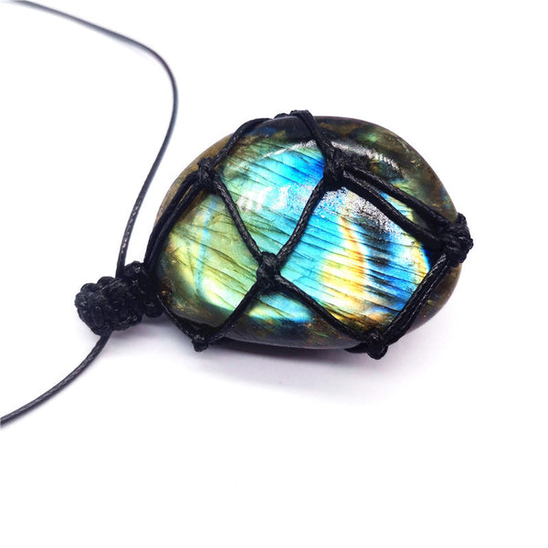 Natural Moonstone Labradorite Rough Stone Pendant Necklace Hand-woven Labradorite Net Bag Pendant - Things and what not