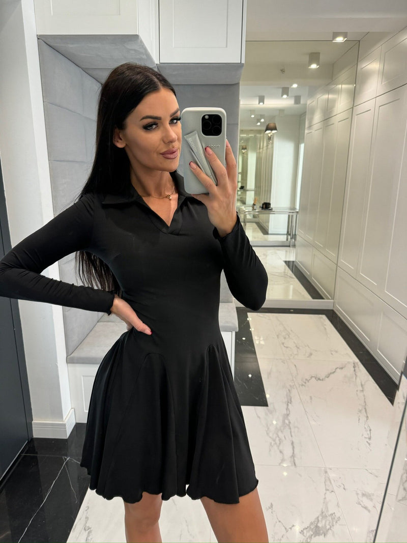 Solid Color Waist Tight Long Sleeve Lapel Dress