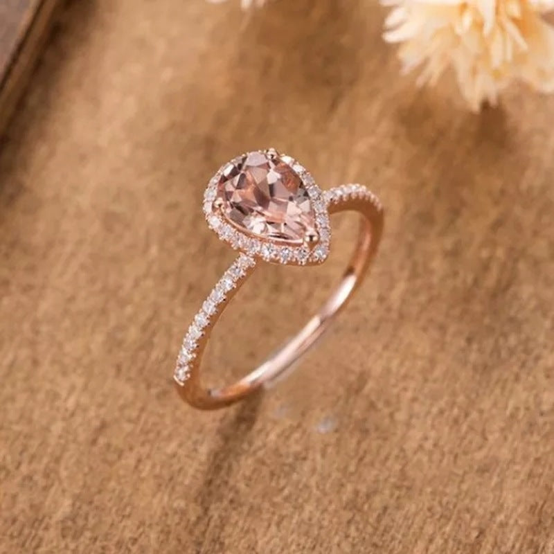 European And American 18K Rose Gold Plated Inlaid Pink Crystal Water Drop Pear-shaped Ring - Things and what not