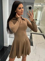 Solid Color Waist Tight Long Sleeve Lapel Dress