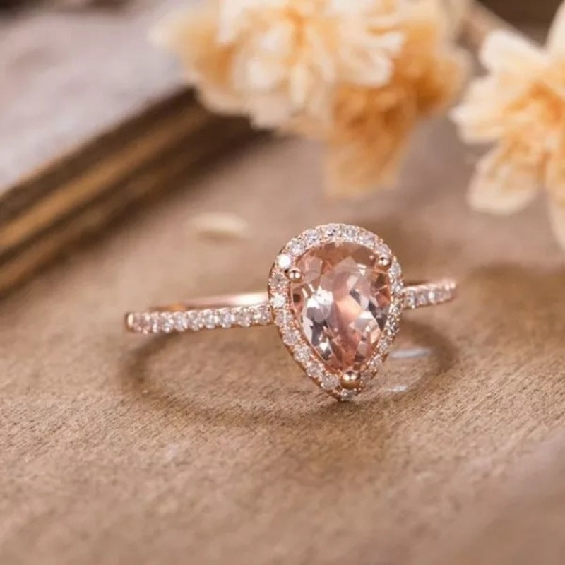 European And American 18K Rose Gold Plated Inlaid Pink Crystal Water Drop Pear-shaped Ring - Things and what not