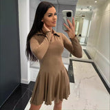 Solid Color Waist Tight Long Sleeve Lapel Dress