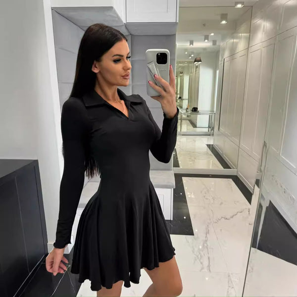 Solid Color Waist Tight Long Sleeve Lapel Dress