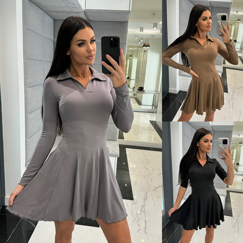 Solid Color Waist Tight Long Sleeve Lapel Dress