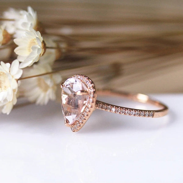 European And American 18K Rose Gold Plated Inlaid Pink Crystal Water Drop Pear-shaped Ring - Things and what not