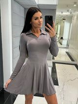 Solid Color Waist Tight Long Sleeve Lapel Dress