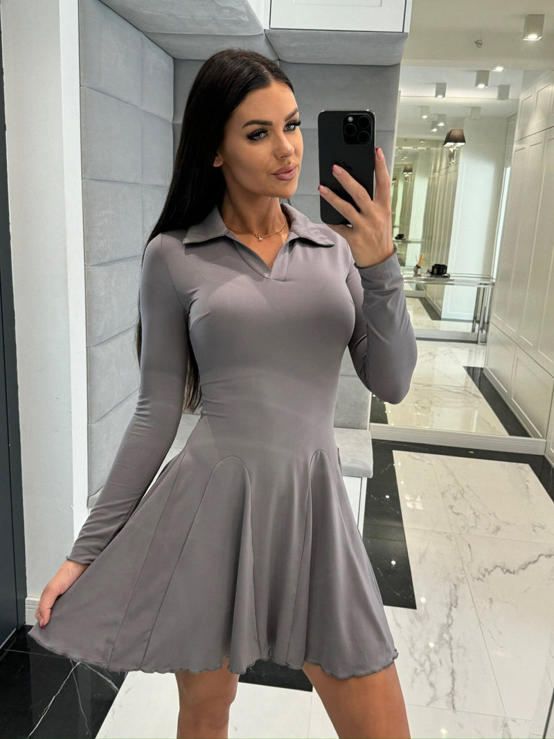 Solid Color Waist Tight Long Sleeve Lapel Dress